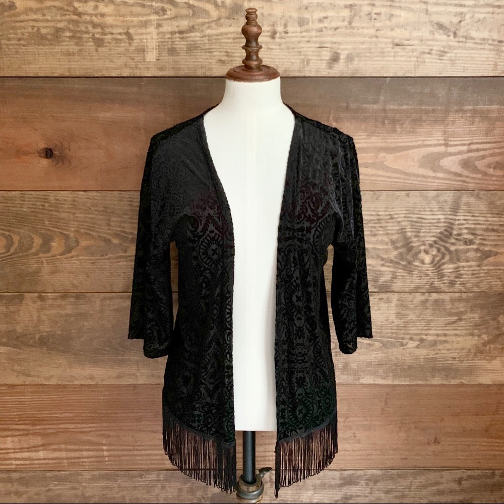 Xhilaration Black Velvet Fringed Kimono